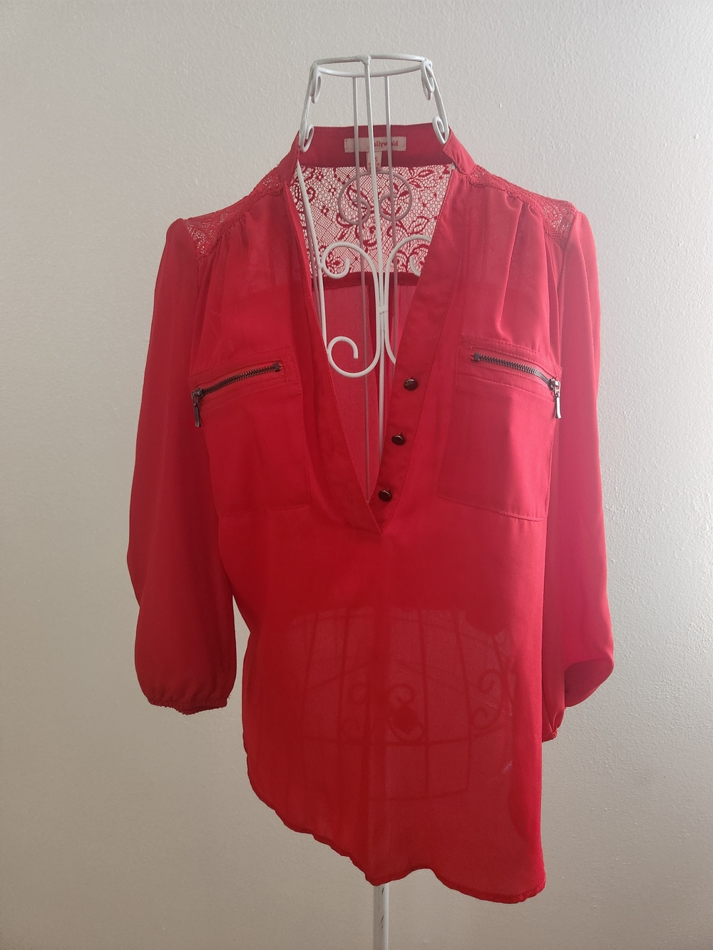 Hollywould Red Sheer Chiffon Blouse with Lace Back & Zip Pockets - Size XS